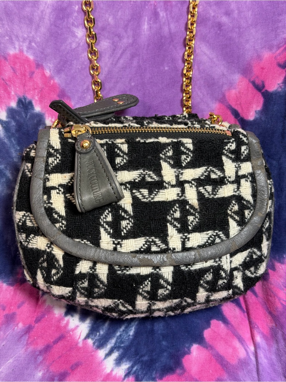 Juicy Couture Black & Cream Tweed Crossbody with Gold Chain